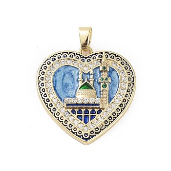 Rack Plating Brass Micro Pave Clear Cubic Zirconia Pendants, with Enamel, Long-Lasting Plated, Lead Free & Cadmium Free, Heart with Castle Charms, Cornflower Blue, 28x27.5x4mm, Hole: 3.5x5mm