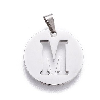 201 Stainless Steel Pendants, Flat Round with Letter, Stainless Steel Color, Letter M, 20x1.3mm, Hole: 4x3mm