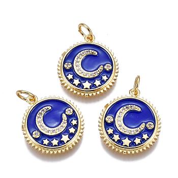 Brass Micro Pave Cubic Zirconia Pendants, with Enamel, Flat Round with Moon and Star, Golden, Blue, 18x16.5x2mm, Hole: 3.5mm