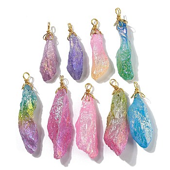 Electroplated Raw Rough Natural Quartz Crystal Big Pendants, Nuggets Charms with Copper Wire Loops, Golden, Mixed Color, 40~48x13~23x10~20mm, Hole: 4.5~5mm