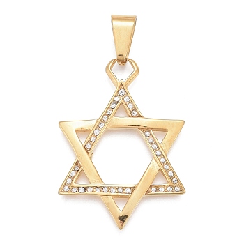 304 Stainless Steel Pendants, with Crystal Rhinestone, Star of David, Golden, 47x34x3.5mm, Hole: 6x12mm