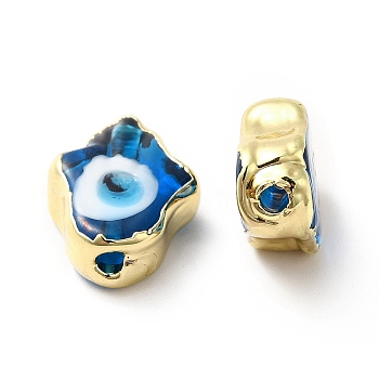 Handmade Evil Eye Lampwork Beads, with Golden Plated  Brass Edge, Long-Lasting Plated, Hamsa Hand, Royal Blue, 15~17x11.5~12.5x5~5.5mm, Hole: 1.8mm