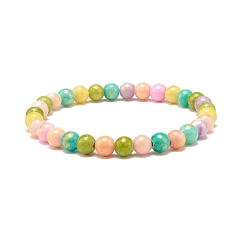Natural Jade Beaded Stretch Bracelets, Dyed, Round, Colorful, 1/4 inch(0.65cm), Inner Diameter: 2-1/4 inch(5.6cm)