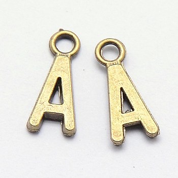 Tibetan Style Zinc Alloy English Letter Pendants, for Name Charm Bracelets Making, Antique Bronze, Letter.A, 16x7x2mm, Hole: 2mm