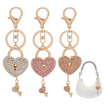 WADORN 3Pcs 3 Colors Heart Padlock Rhinestones Pendant Keychain with Heart Key Charm, with Alloy Findings, for Bag Purse Car Ornament, Mixed Color, 15cm, 1pc/color