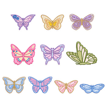 10Pcs 10 Styles Computerized Embroidery Cloth Self Adhesive Patches, Stick On Patch, Costume Accessories, Appliques, Butterfly, Mixed Color, 2.1~7x5.2~6.05x0.15~0.2cm, 1pc/style