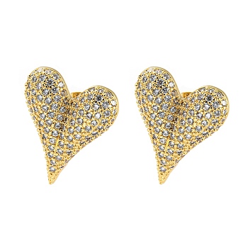 Heart Shape Brass Micro Pave Clear Cubic Zirconia Stud Earrings, Long-Lasting Plated, Cadmium Free & Lead Free, Real 18K Gold Plated, 24x20mm