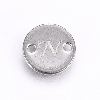 201 Stainless Steel Links connectors, Flat Round, Letter.N, Stainless Steel Color, 10x1mm, Hole: 1.5mm