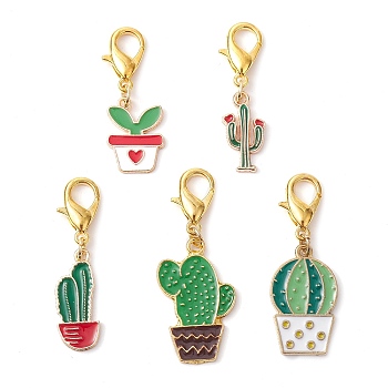Alloy Enamel Pendant Decorations, with Zinc Alloy Lobster Claw Clasps, Cactus, Mixed Color, 34~45mm, Cactus: 17.5~28x10~17x1.5~2.5mm