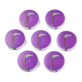 Halloween Printed Natural Wood Beads, Flat Round with Scythe Sickle Pattern, Dark Orchid, 19~20x5.9mm, Hole: 2~2.2mm