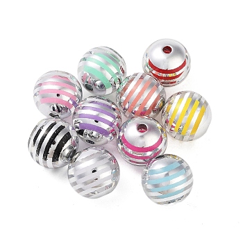 UV Plating Rainbow Iridescent Acrylic Beads, Round, Stripe, 15~15.5mm, Hole: 2.5mm