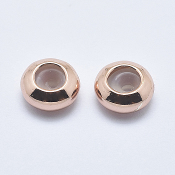 Brass Beads, with Silicone, Slider Beads, Stopper Beads, Rondelle, Cadmium Free & Nickel Free & Lead Free, Real Rose Gold Plated, 7x3.5mm, Rubber Hole: 2mm