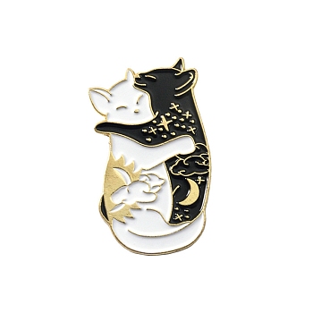 Alloy with Enamel Brooch, White and Black Cat, White, 38x20mm