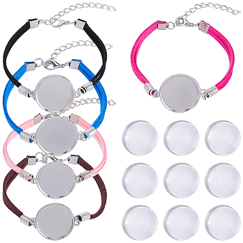 20Pcs 5 Colors Faux Suede Bracelet Making, with Alloy Tray Settings and Iron Chains, Flat Round, with 20Pcs Glass Cabochons, Platinum, Mixed Color, 8-1/8 inch~8-1/4 inch(20.5~21cm), Tray: 20mm, 4pcs/color