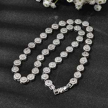 Brass Micro Pave Clear Cubic Zirconia Flat Round Link Chain Necklaces for Women, Rack Plating, Cadmium Free & Lead Free, Long-Lasting Plated, Platinum, 18.90 inch(48cm)