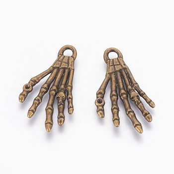 Tibetan Style Alloy Pendants, Hand Skull for Halloween, Lead Free & Nickel Free, Antique Bronze, 36x19x2mm, Hole: 3mm