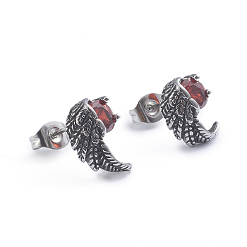 Retro 304 Stainless Steel Stud Earrings, with Cubic Zirconia and Ear Nuts, Wing, Red, Antique Silver, 13x8mm, Pin: 0.6mm