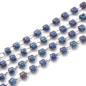 TOHO Japan Import Seed Beads, Handmade Glass Beaded Chains, Soldered, with Stainless Steel Findings, Plated, Column, Stainless Steel Color, Marine Blue, 2mm, about 26.24 Feet(8m)/strand(CHS-S004-04A)