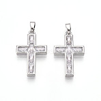 Brass Micro Pave Cubic Zirconia Pendants, Cadmium Free & Lead Free, Cross Charms, Platinum, 25x15x3mm, Hole: 5x2.5mm(KK-N257-32P)