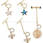 5Pcs 5 Styles Brass Toggle Clasps, with Synthetic Abalone Shell/Paua Shells and Clear Cubic Zirconia, Starfish & Bee & Flat Round, Golden, 29~67mm, 1pc/style(KK-FH0004-71)