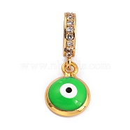 Brass Micro Pave Clear Cubic Zirconia European Dangle Charms, with Enamel, Long-Lasting Plated,  Large Hole Pendants, Flat Round with Evil Eye, Golden, Green, 21mm, Flat Round: 13x10x3.5mm, Hole: 5mm(ZIRC-L097-049B-G07)