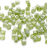 6/0 Glass Seed Beads, Transparent Colours Luster, Square Hole, Cube, Yellow Green, 3~5x3~4x3~4mm, Hole: 1.2~1.4mm, about 1000pcs/100g(SEED-YW0001-25H)