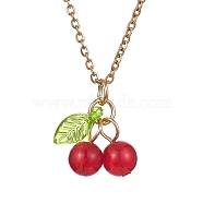 Natural Dyed Malaysia Jade Cherry Pendant Necklaces, with 304 Stainless Steel Chains, Golden, 16.02 inch(40.7cm)(NJEW-JN04505)