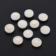 Natural Freshwater Shell Beads, with Golden Plated Brass Metal Embellishments, Flat Round with Lightning, Seashell Color, 8x4.5mm, Hole: 0.6mm(SHEL-N003-22-02)