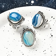 Natural Banded Agate Adjustable Rings, Lead Free & Cadmium Free, Antique Silver Plated Brass Finger Rings for Women, Oval, Dyed & Heated, 27mm, Inner Diameter: 17mm(RJEW-I108-01AS-06)