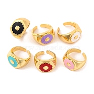 Brass Open Cuff Rings, Hexagon with Flower Enamel Ring for Women, Lead Free & Cadmium Free, Real 18K Gold Plated, Mixed Color, 15mm, Adjustable(RJEW-U009-16G)