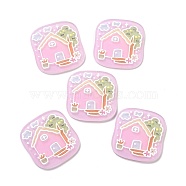Printed Acrylic Cabochons, Square with House Pattern, Pearl Pink, 34.5x33.5x2.2mm(MACR-C003-30)