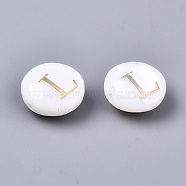 Natural Freshwater Shell Beads, with Golden Plated Brass Etched Metal Embellishments, Flat Round, Seashell Color, Letter.L, 8x3~5mm, Hole: 0.5~07mm(SHEL-S266-12L)
