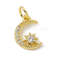 Brass Micro Pave Cubic Zirconia Charms, with Jump Ring, Moon & Star Charm, Real 18K Gold Plated, 12x9x2.5mm, Hole: 3mm(ZIRC-F132-33G)