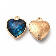 Faceted Glass Rhinestone Pendants, with Golden Tone Zinc Alloy Findings, Heart Charms, Prussian Blue, 16.5x14x6.5mm, Hole: 1.6mm(GLAA-I051-B14)