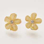 Alloy Rhinestone Stud Earring Findings, with Acrylic, Raw(Unplated) Pin and Loop, Flower, Golden, Sandy Brown, 12~13x12mm, Hole: 1.4mm, Pin: 0.7mm(X-PALLOY-N0149-20C)