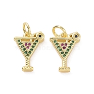 Brass Micro Pave Colorful Cubic Zirconia Charms, with Jump Ring, Cocktail/Cup, Real 18K Gold Plated, 14x10x2.7mm, Hole: 3.2mm(KK-E068-VF158)