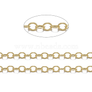 Brass Flat Oval Cable Chains, Unwelded, with Spool, Cadmium Free & Nickel Free & Lead Free, Golden, 3.5x3x0.5mm, about 301.83 Feet(92m)/roll(CHC025Y-G)