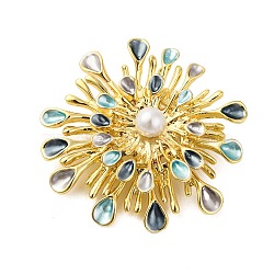 Flower Alloy Brooches, Sunflower Enamel Pins, with Imitation Pearl Beads, Golden, Colorful, 51.5x53mm(JEWB-I034-40G)