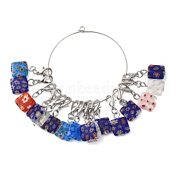 16Pcs Square Handmade Millefiori Glass Pendant Locking Stitch Markers, Zinc Alloy Crochet Lobster Clasp Charms, Mixed Color, 3.1cm(HJEW-AB00654)