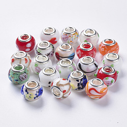Mixed Styles Handmade Lampwork European Beads, Large Hole Beads, with Silver Color Plated Brass Double Cores, Rondelle, Mixed Color, 14x11mm, Hole: 5mm(LAMP-S193-017)