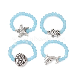 4Pcs Tibetan Silver with Glass Braided Beaded Finger Rings, Mixed Shapes, Inner Diameter: 19~20mm, 4pcs/set(RJEW-JR00669)