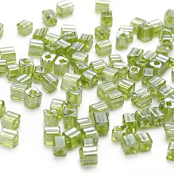 6/0 Glass Seed Beads, Transparent Colours Luster, Square Hole, Cube, Yellow Green, 3~5x3~4x3~4mm, Hole: 1.2~1.4mm, about 1000pcs/100g(SEED-YW0001-25H)