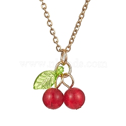 Natural Dyed Malaysia Jade Cherry Pendant Necklaces, with 304 Stainless Steel Chains, Golden, 16.02 inch(40.7cm)(NJEW-JN04505)