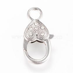 Alloy Rhinestone Lobster Claw Clasps, Heart, Platinum, 26.5~27x14x6.5mm, Hole: 4mm(KK-S301-01)