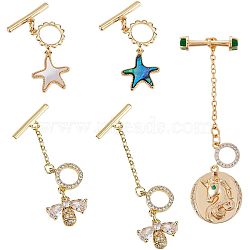 SUPERFINDINGS 5Pcs 5 Styles Brass Toggle Clasps, with Synthetic Abalone Shell/Paua Shells and Clear Cubic Zirconia, Starfish & Bee & Flat Round, Golden, 29~67mm, 1pc/style(KK-FH0004-71)