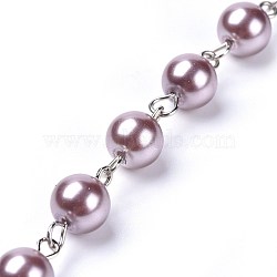 Handmade Dyed Glass Pearl Beaded Chains, Unwelded, with Iron Eye Pin, Platinum, Rosy Brown, 39.37 inch, 1m/strand(AJEW-JB00485-05)