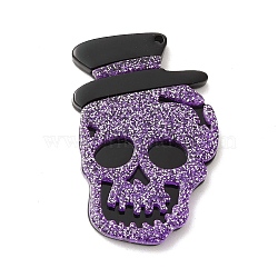Halloween Acrylic Pendants,  with Sequins, Skull with Hat Charm, Purple, 45x30x4mm, Hole: 2mm(OACR-B007-03A)