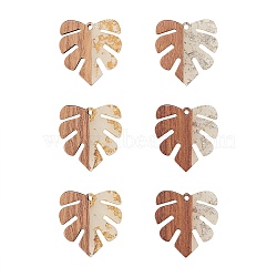 Transparent Resin & Walnut Wood Pendants, with Foil, Waxed, Monstera Leaf, Mixed Color, 30x28x3.5mm, Hole: 2mm, 12pcs/box(RESI-CJ0001-53)