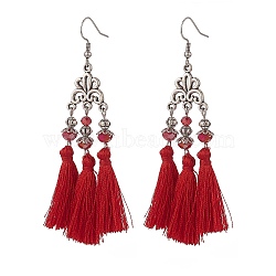 Polyester Tassel with Glass Beaded Chandelier Earrings, 316 Surgical Stainless Steel Flower Long Drop Earrings for Women, FireBrick, 88mm, Pin: 0.6mm(EJEW-TA00183-03)