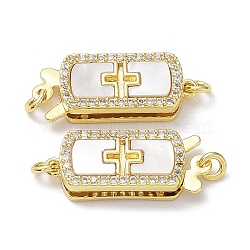 Rack Plating Brass Micro Pave Clear Cubic Zirconia Box Clasps, with Natural Shell, 1-Strand, 2-Hole, Long-Lasting Plated, Lead Free & Cadmium Free, Rectangle with Cross, Real 18K Gold Plated, 21x8.5x4mm, Hole: 1.2mm(KK-F858-03G)
